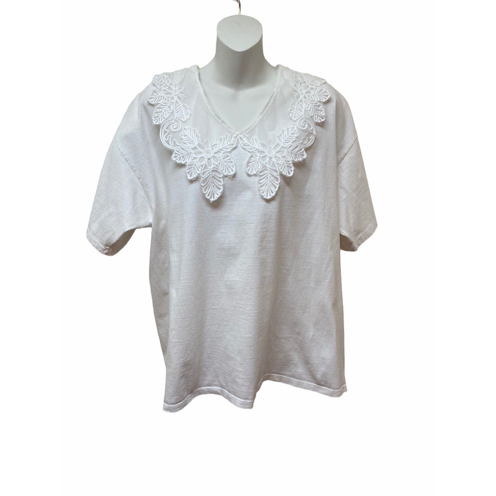 Vintage Plus 1X Short Sleeve Cotton Top T Shirt Lace Point Collar Cottagecore